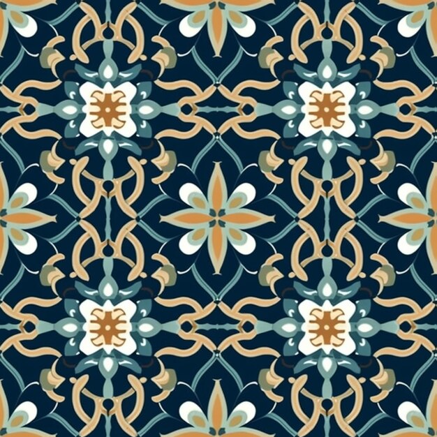 a blue and yellow floral pattern with a white flower generative ai