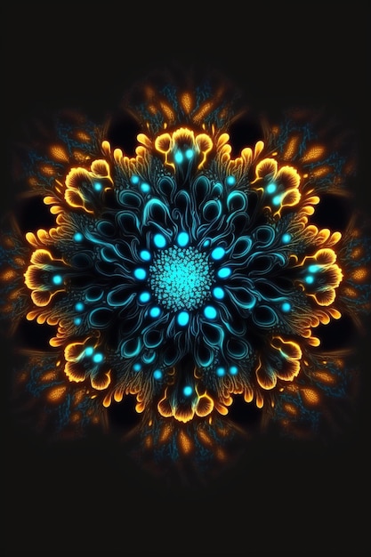 Blue and yellow flower on a black background generative ai