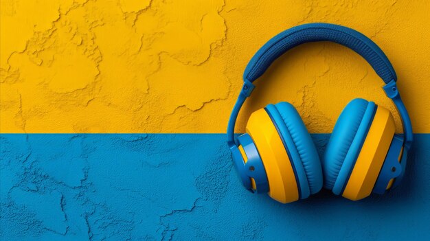 Blue and yellow headphones against a yellow and blue wall