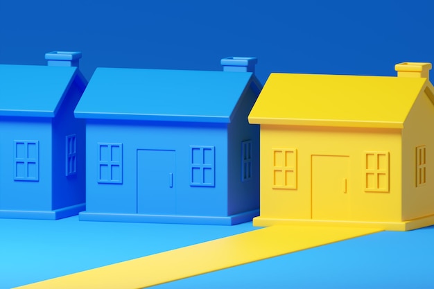 Blue and yellow house blue background 3d render