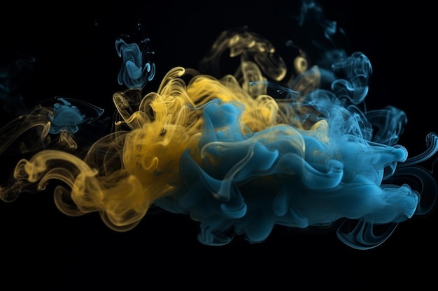 blue and yellow ink in water on a black background Abstract background generative ai