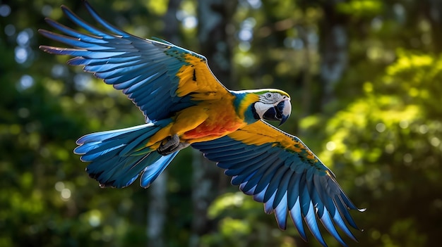 blue and yellow macaw ara flying among the jungle