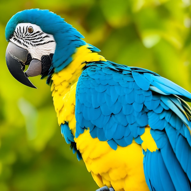 Blue and yellow macaw parrot arranging its colorful feathers