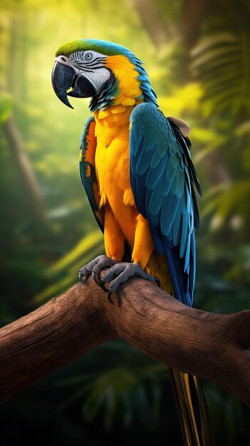 Photo blue and yellow macaw perched on tree branch