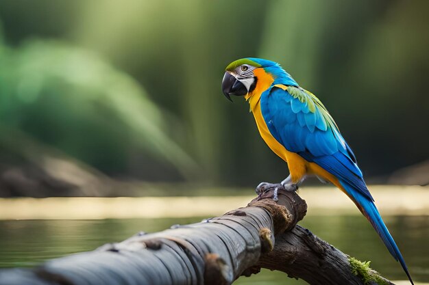 A blue and yellow macaw sits on a branch in a lake.