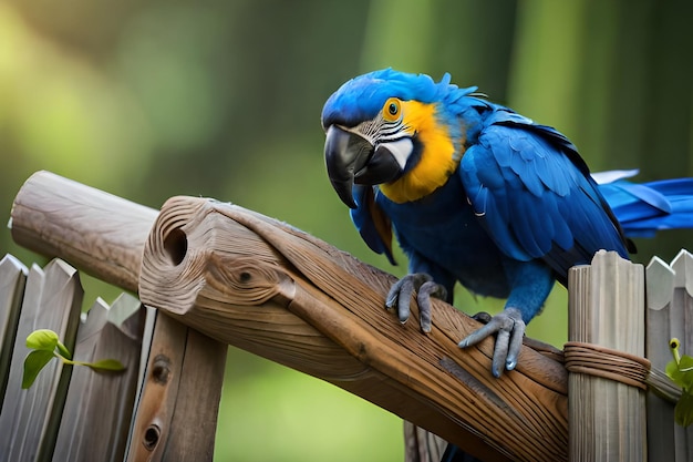 A blue and yellow macaw sits on a wooden perch.