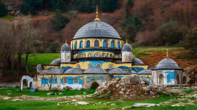 Blue and yellow mosque ruins surrounded by greenery and wood in eastern turkey