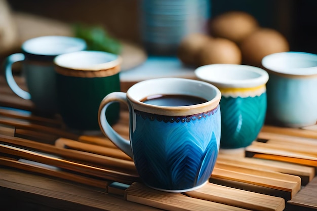 a blue and yellow mug with the word coffee on it