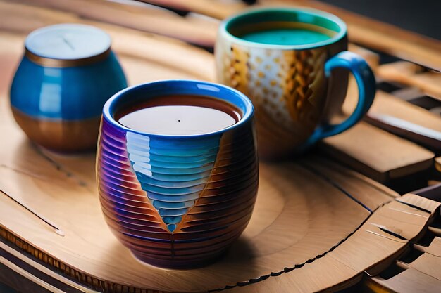 a blue and yellow mug with the words " candle " on it.