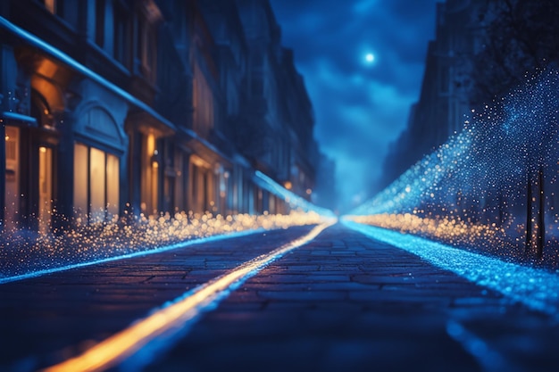 Blue and yellow neon lights on wet empty asphalt road ai generated