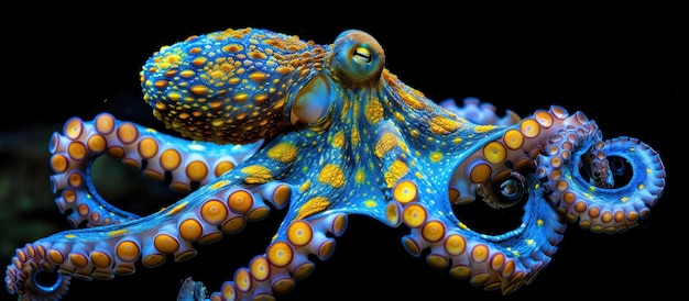 Blue and Yellow Octopus on Black Background