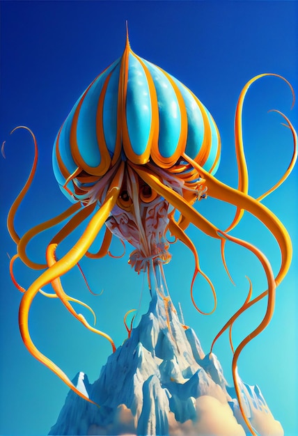 Blue and yellow octopus floating on top of a mountain generative ai