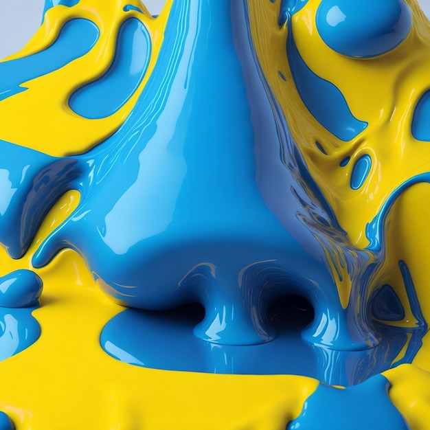A blue and yellow paint is shown with the word " blue " on it.