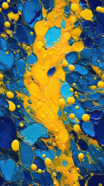 A blue and yellow painting with blue paint drops.