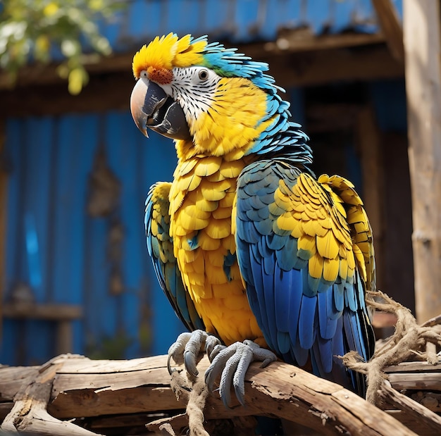 A blue and yellow parrot perched atop a weathered wooden nest Ai Generated