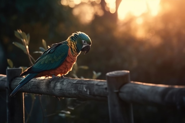 Blue and yellow parrot sitting on a wooden fence