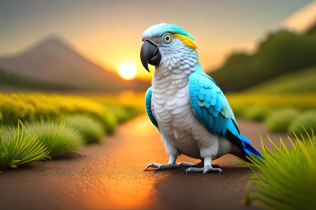 A blue and yellow parrot stands on a road with a sunset in the background.