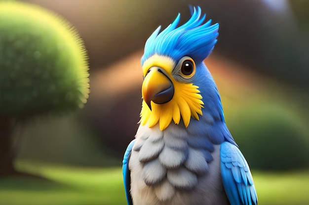 A blue and yellow parrot with a yellow face and a yellow beak.