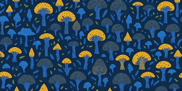 A blue and yellow pattern of mushrooms with a blue background