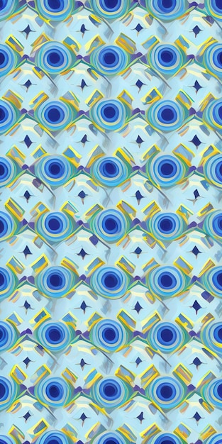 A blue and yellow pattern with circles and stars