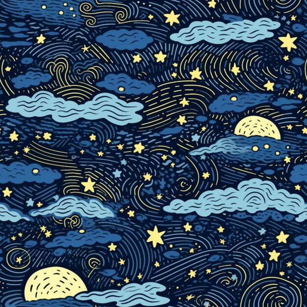 별과 구름 생성 ai가 있는 파란색과 노란색 패턴