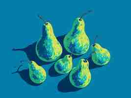 Photo blue and yellow pears on blue background pop art illustration