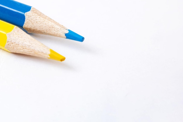 Blue and yellow pencils on a white background