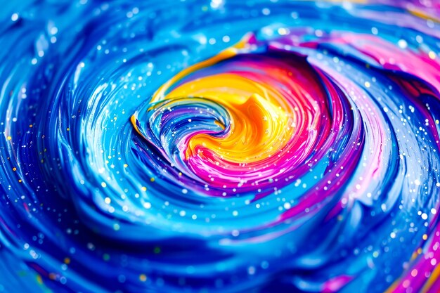 Photo blue yellow and pink swirl of paint on canvas