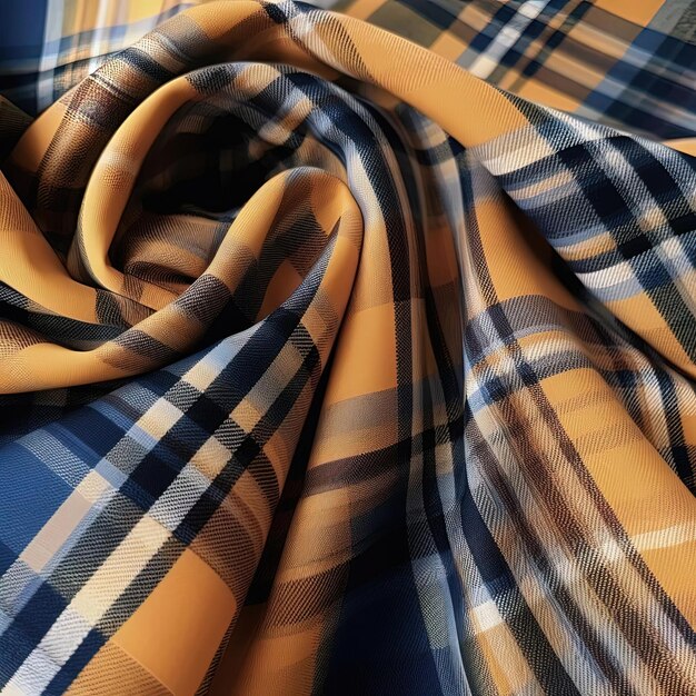 a blue and yellow plaid blanket with a brown and blue plaid pattern
