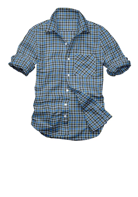 A blue and yellow plaid shirt is hanging on a white background.