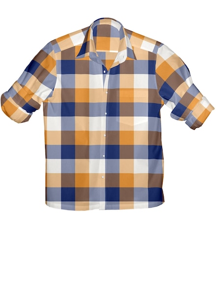 A blue and yellow plaid shirt with a white background