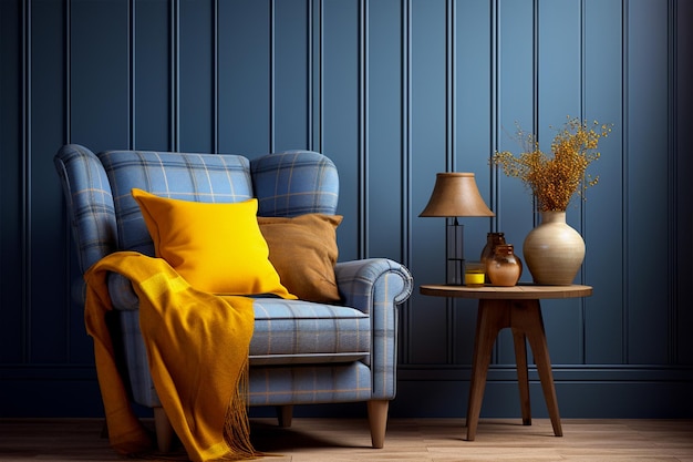 Blue and yellow plaid sofa interior design of living room Farmhouse or boho style home interior 3