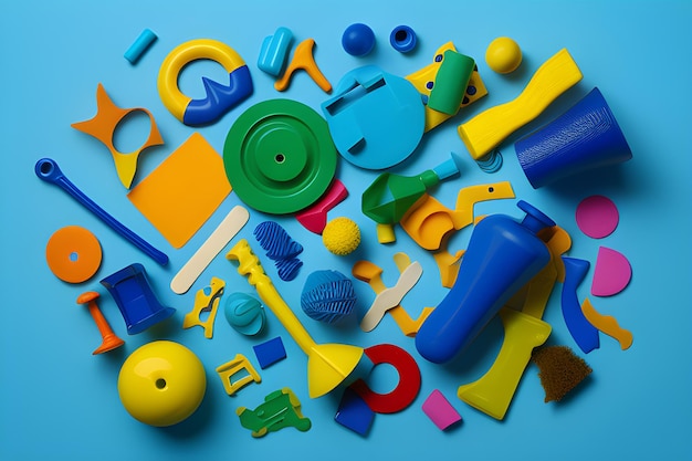 A blue and yellow plastic object is laying on a blue surface.