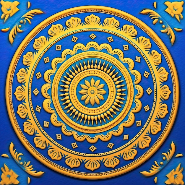 A blue and yellow plate with a yellow design on it