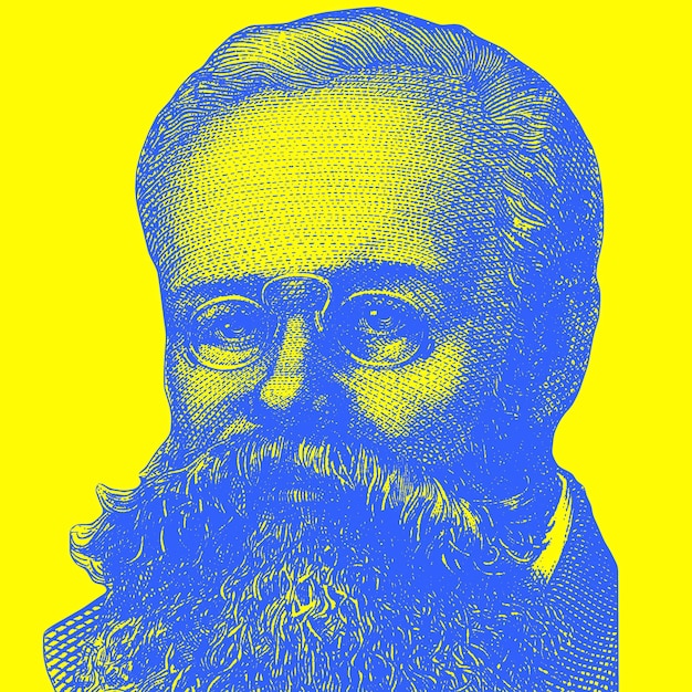 A blue and yellow poster with a man with a beard and glasses.