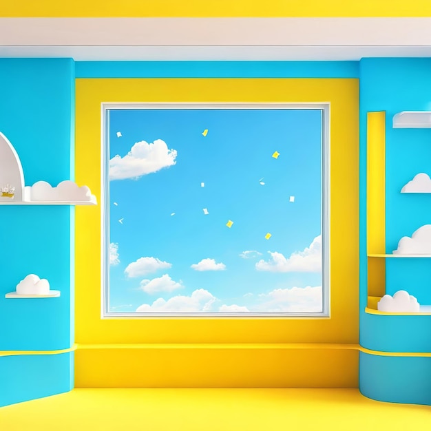 A blue and yellow room with a window