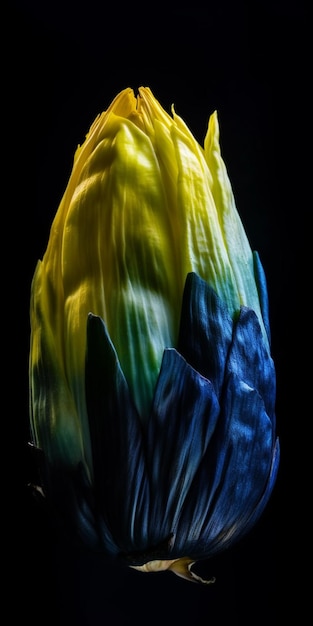 A blue and yellow sculpture of a mountain is shown in this photo.