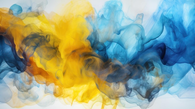 A blue and yellow smoke is floating in a white background