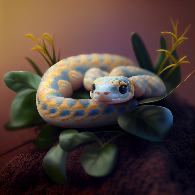 Photo a blue and yellow snake sits on a rock with leaves on it.