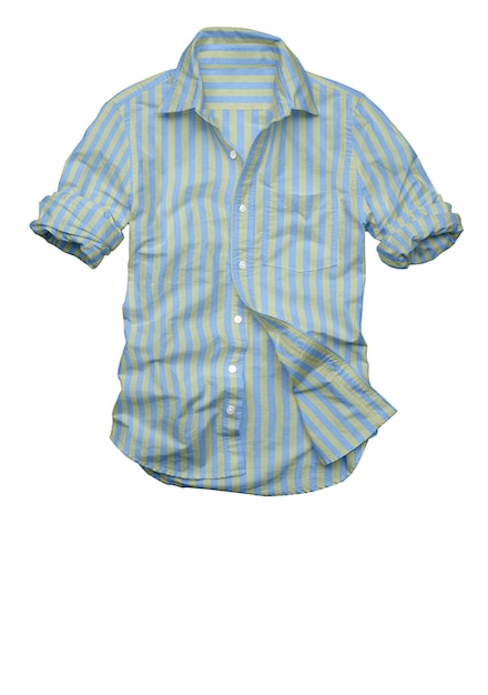 A blue and yellow striped shirt hangs on a white background.