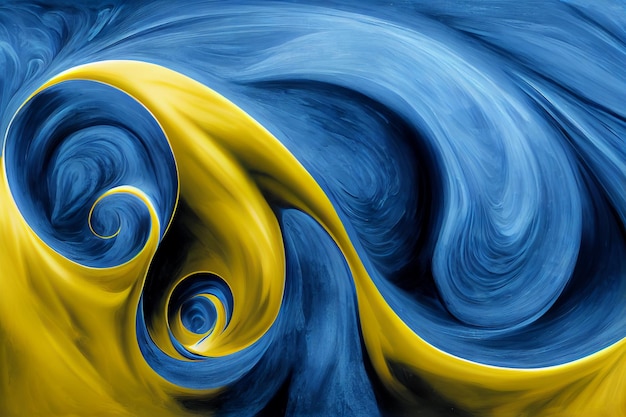 Blue and yellow swirling fluid art abstract background 2d illustration