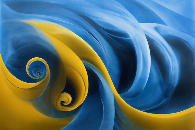 Blue and yellow swirling fluid art abstract background 2d illustration