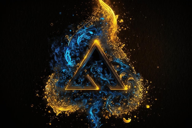 A blue and yellow triangle with a fire and ice Alchemy magic symbol made of particles