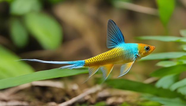 a blue and yellow tropical fish is on the ground