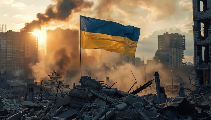 Фотография голубо-желтый флаг украины дул на ветру в руинах разрушенного города страна в войне