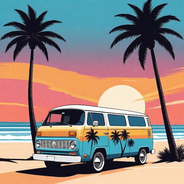 a blue and yellow van with palm trees on the side