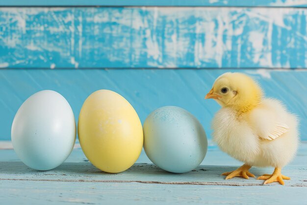 Blue yellow white eggs and yellow chicks