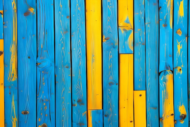 A blue and yellow wooden fence with a wooden panel that says'blue'on it.