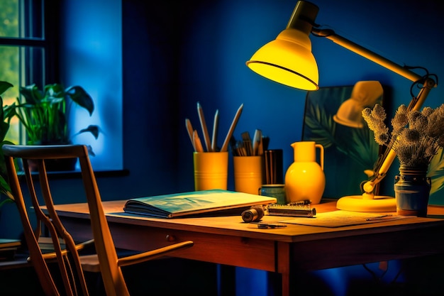 A blue and yellow working desk