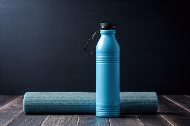 Premium Photo  Blue yoga mat and water bottle on grey wooden surface  Gender neutral fitness and exercise concept wi